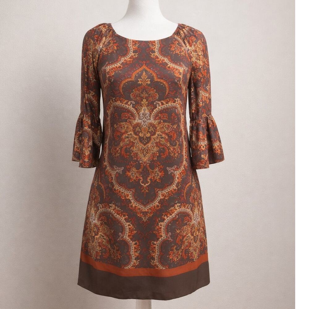 New York & Company Shift Dress Womens XS Brown Orange Paisley Bell Sleeve Boho